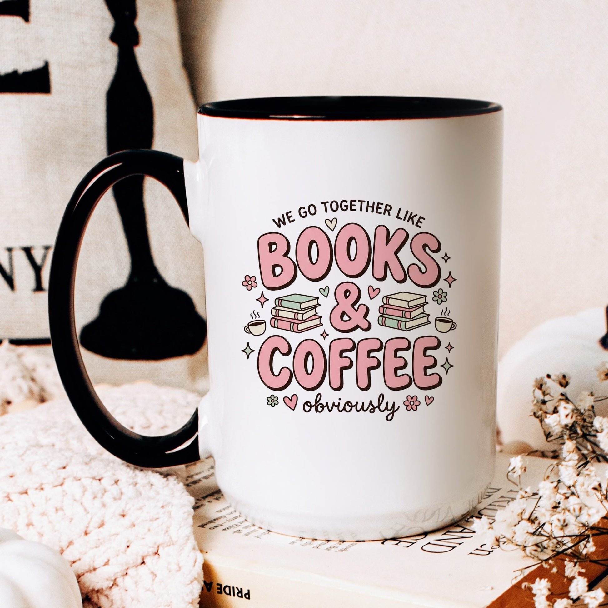 We Go Together Like Books & Coffee doodle coffee mug — lifestyle