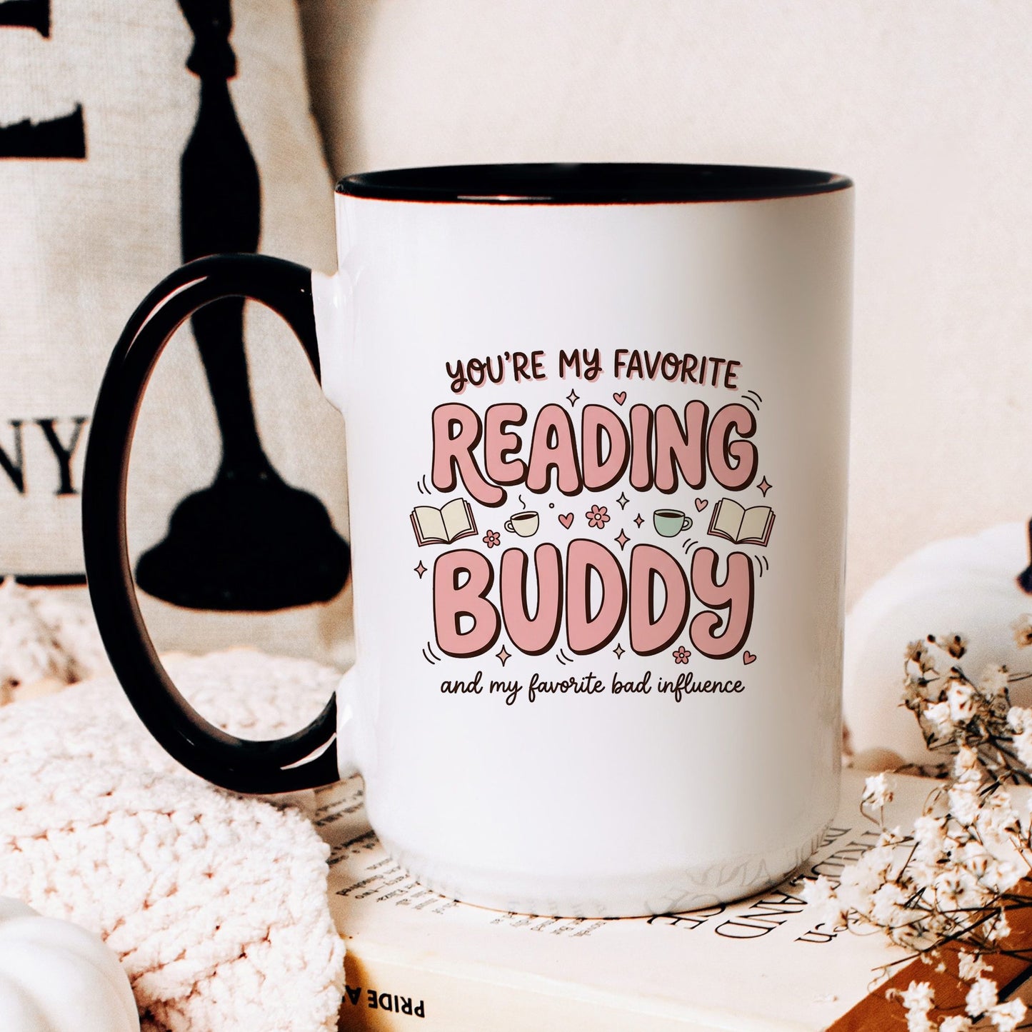 You’re My Favorite Reading Buddy doodle coffee mug — lifestyle