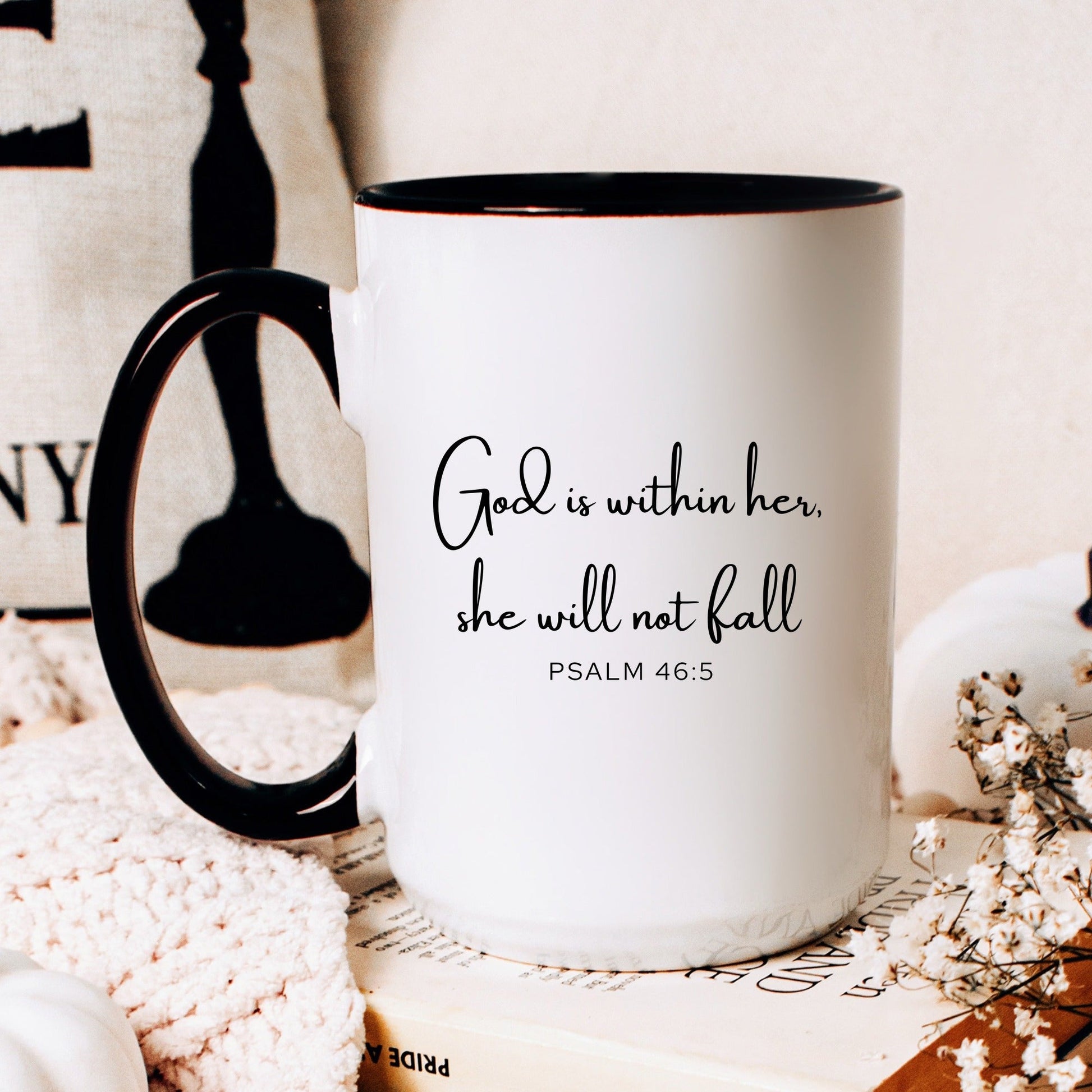 God is within her she will not fall Psalm 46:5 Christian coffee mug