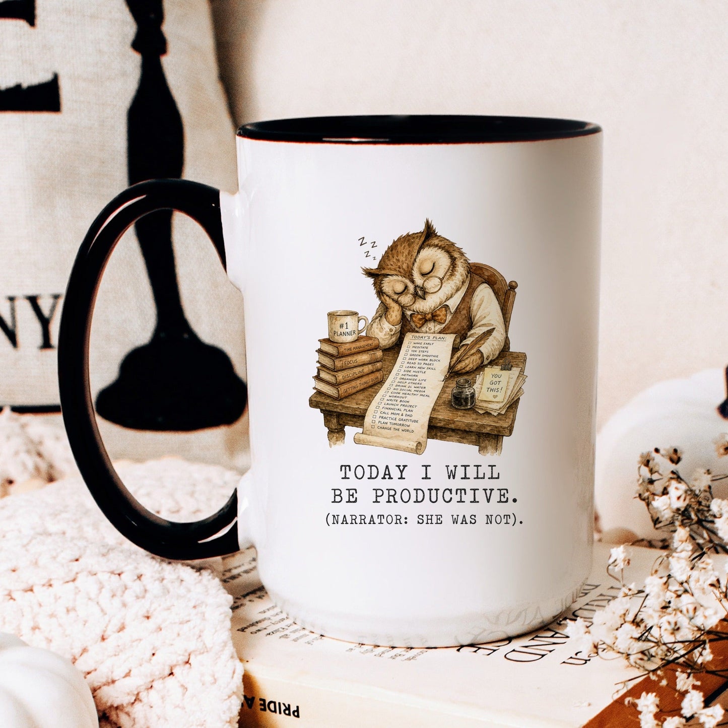 Today I Will Be Productive Owl Mug