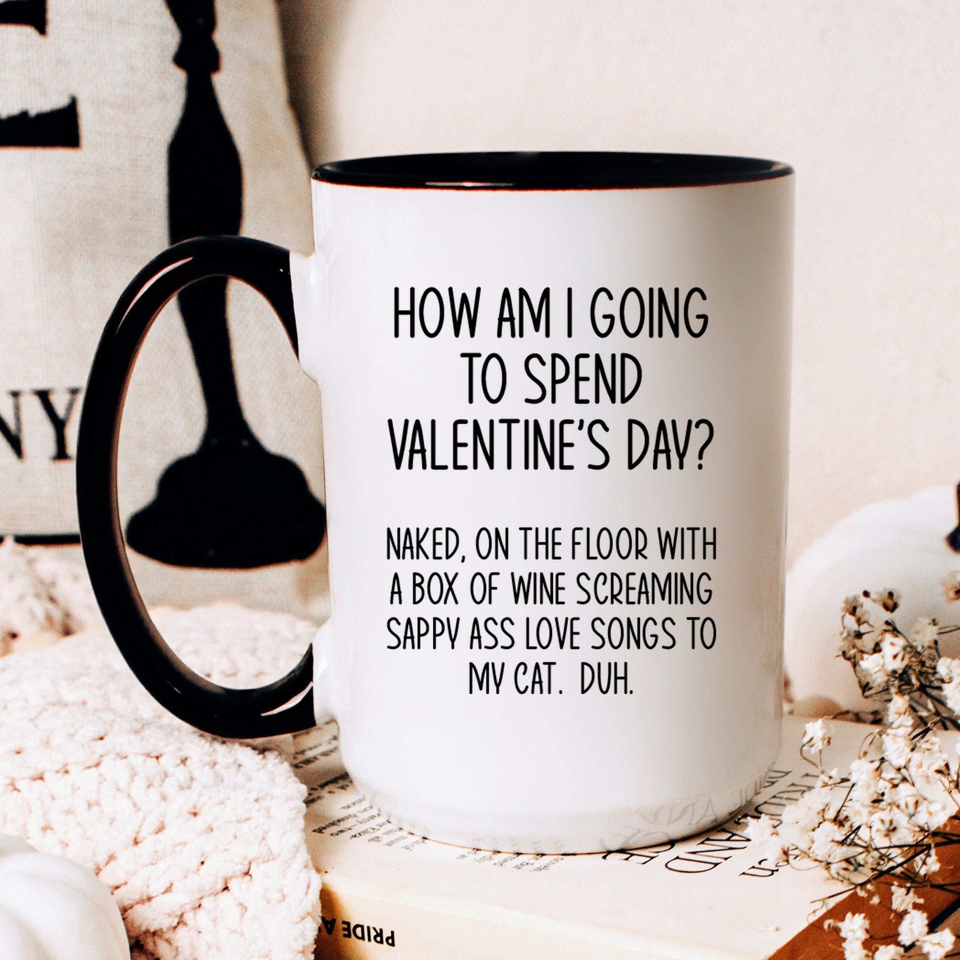 Funny cat anti valentine coffee mug lifestyle
