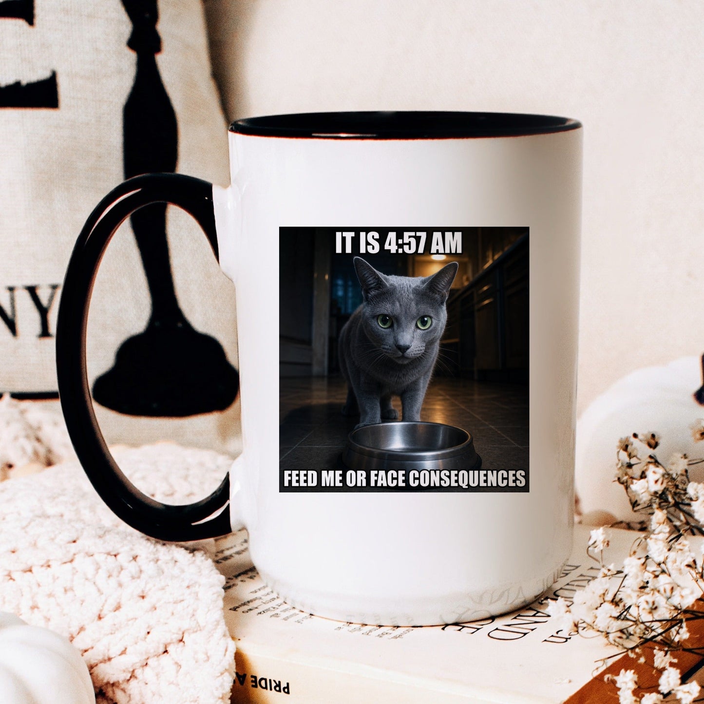 4 57 AM feed me or face consequences grey cat coffee mug