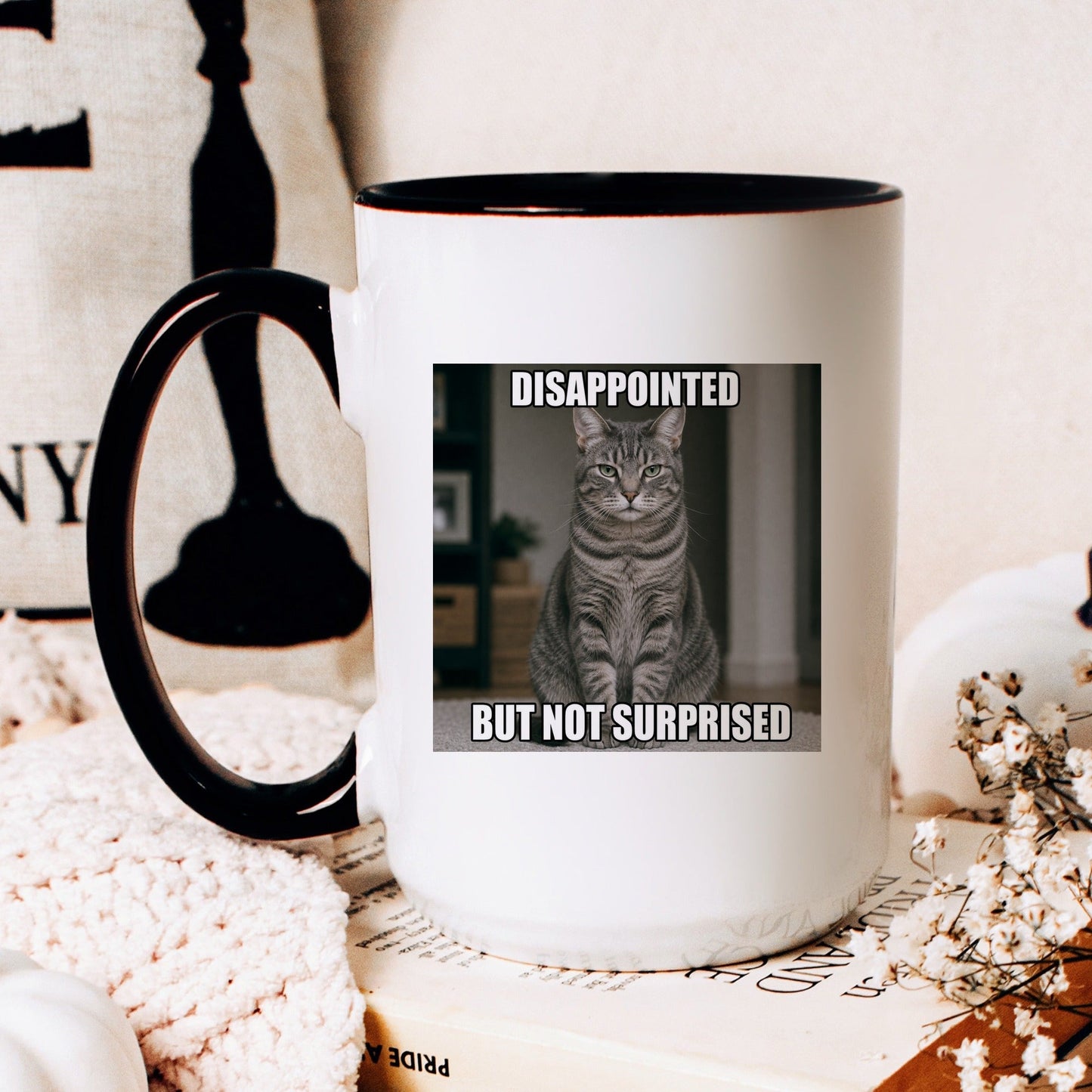 Disappointed but not surprised tabby cat coffee mug