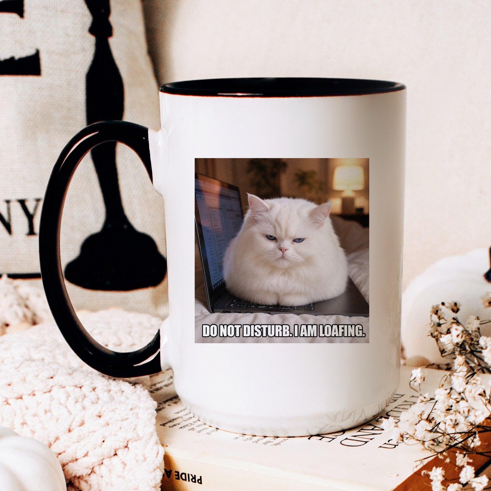 Do not disturb I am loafing white cat coffee mug