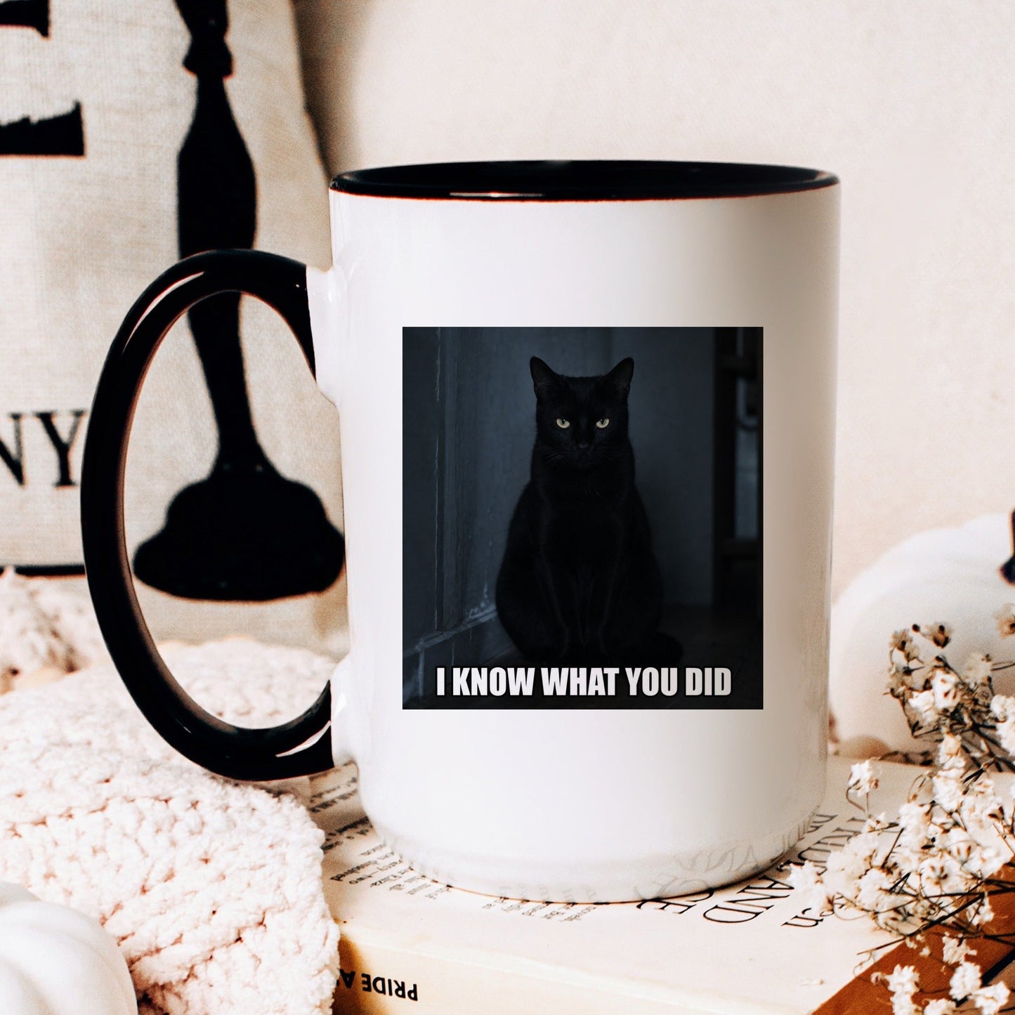I know what you did black cat coffee mug