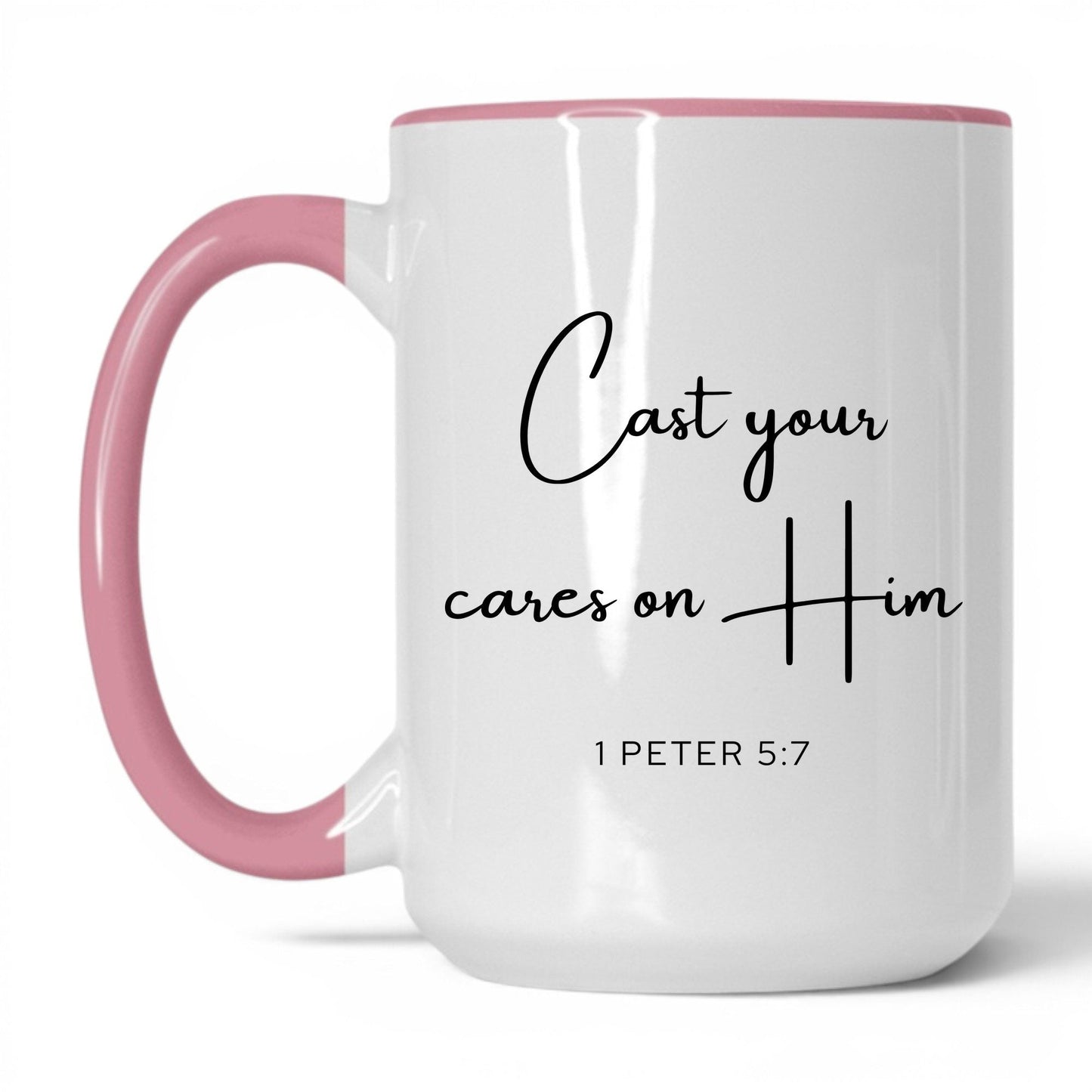 Cast Your Cares on Him Mug – 11oz White/Pink Mug