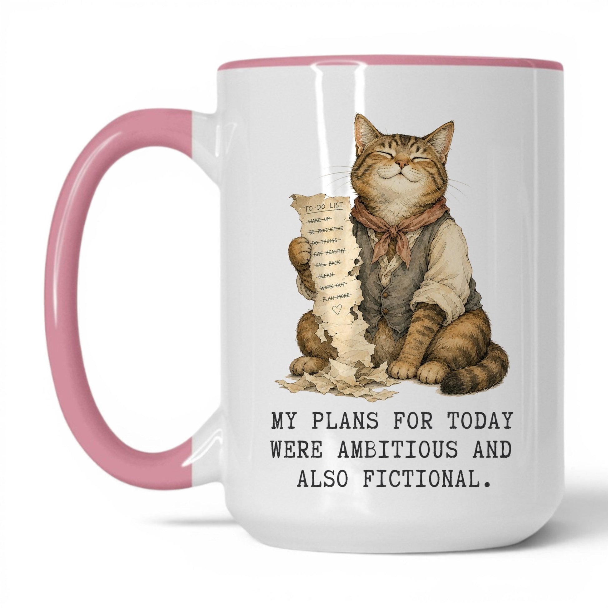 Ambitious and Fictional Plans Cat Mug – 15oz White Pink Mug
