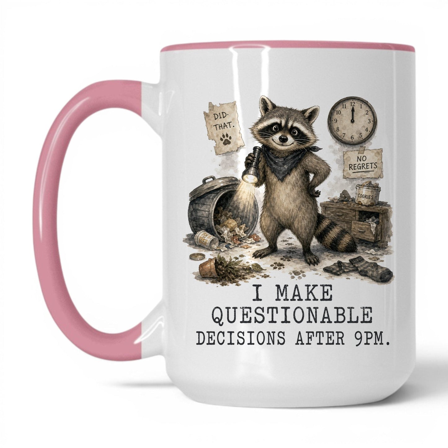 Questionable Decisions Raccoon Mug – 15oz White/Pink Mug