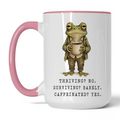 Surviving and Caffeinated Frog Mug – 15oz White Pink Mug