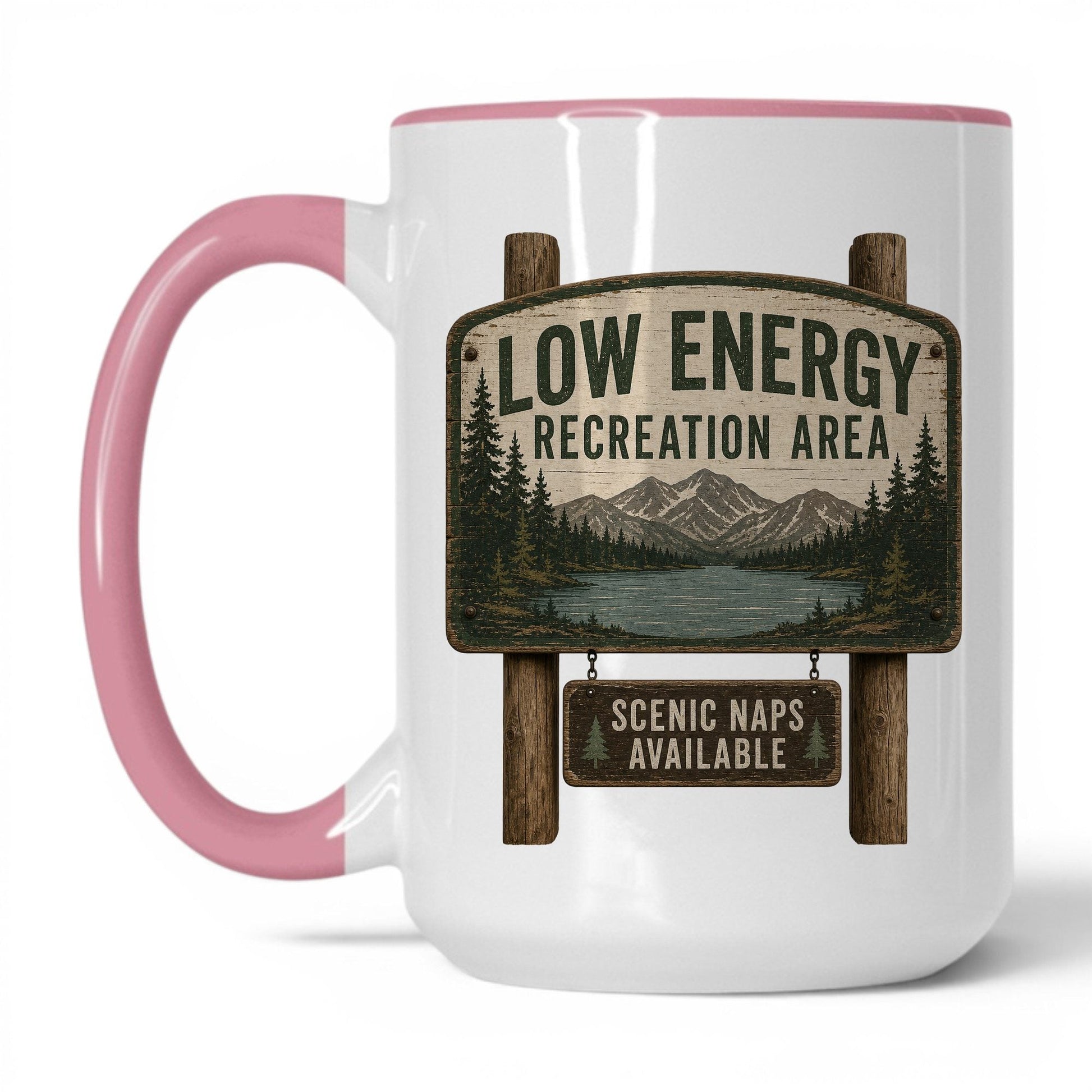 Low Energy Recreation Area Mug – 15oz White/Pink Mug