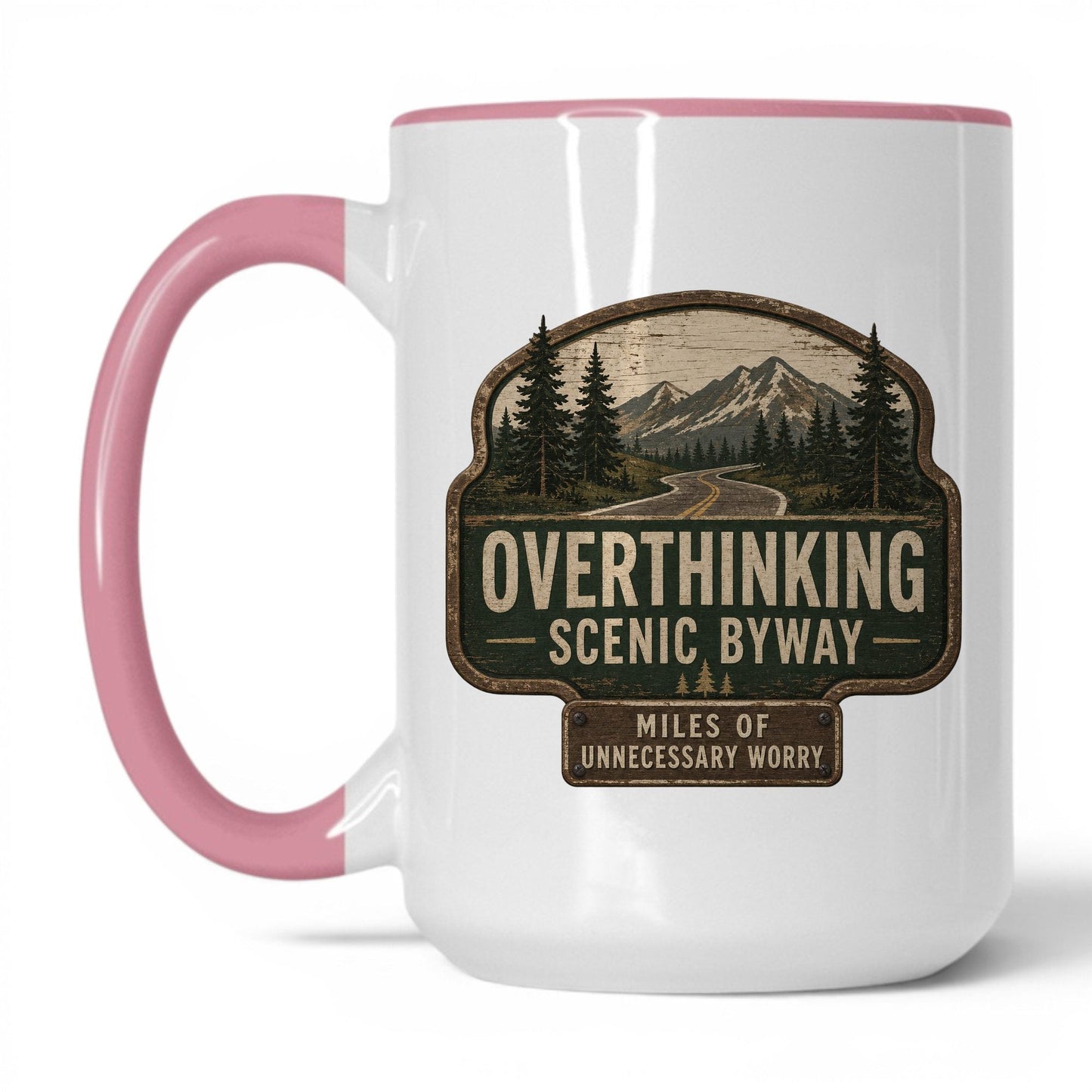 Overthinking Scenic Byway Mug – 15oz White/Pink Mug