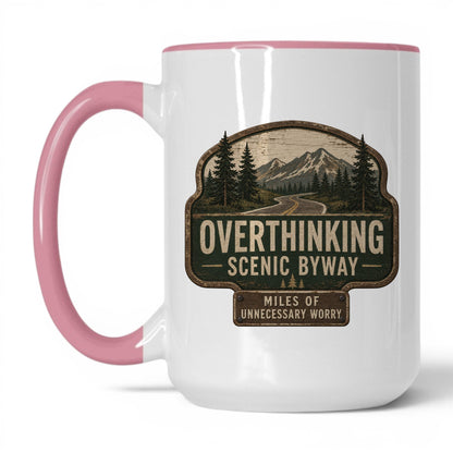 Overthinking Scenic Byway Mug – 15oz White/Pink Mug