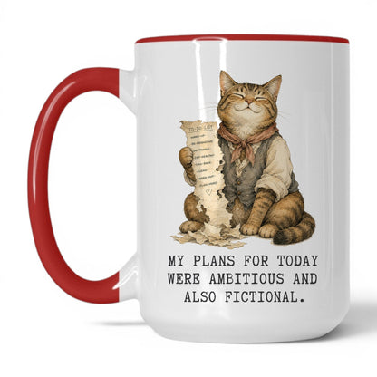 Ambitious and Fictional Plans Cat Mug – 15oz White Red Mug