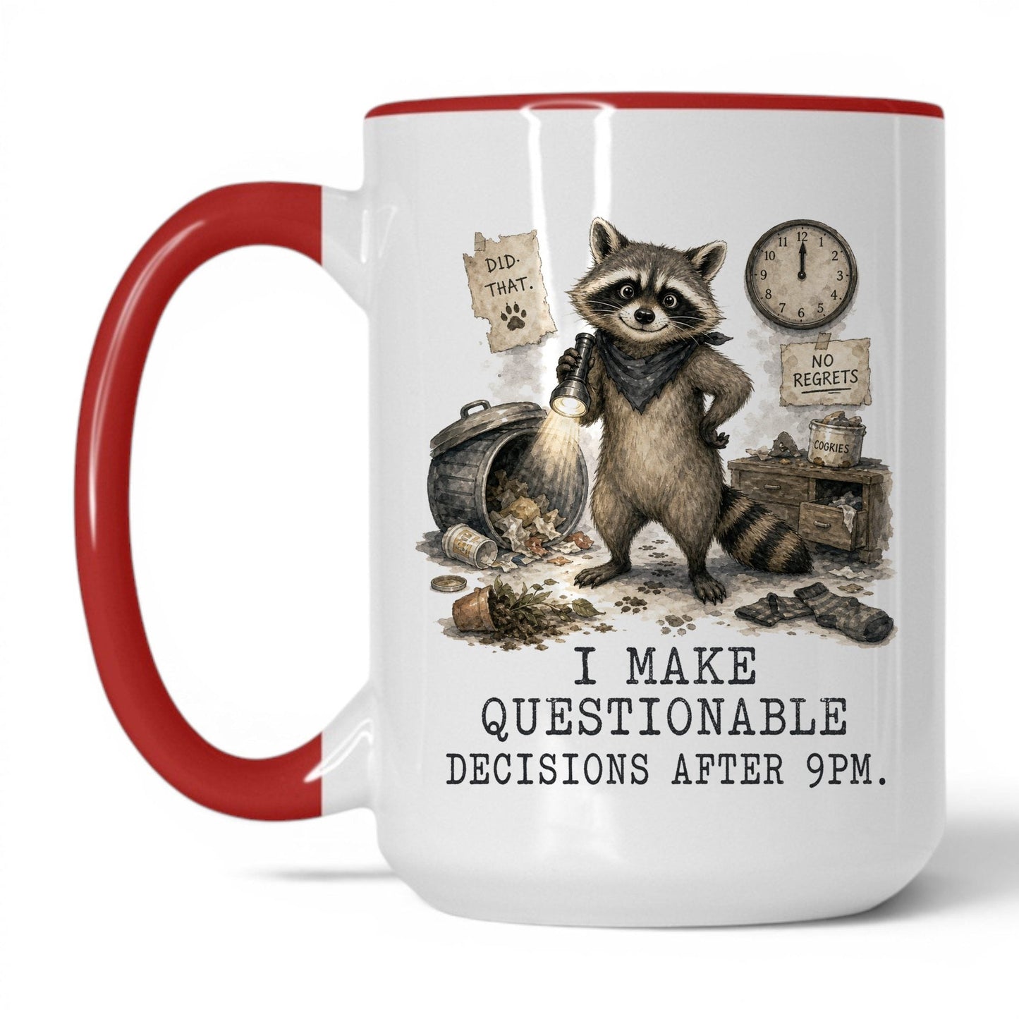 Questionable Decisions Raccoon Mug – 15oz White/Red Mug