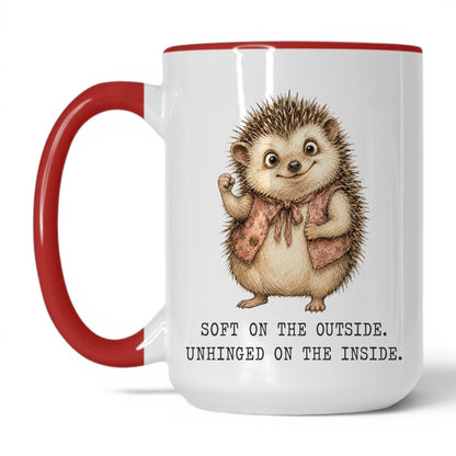 Soft But Unhinged Hedgehog Mug – 15oz White Red Mug