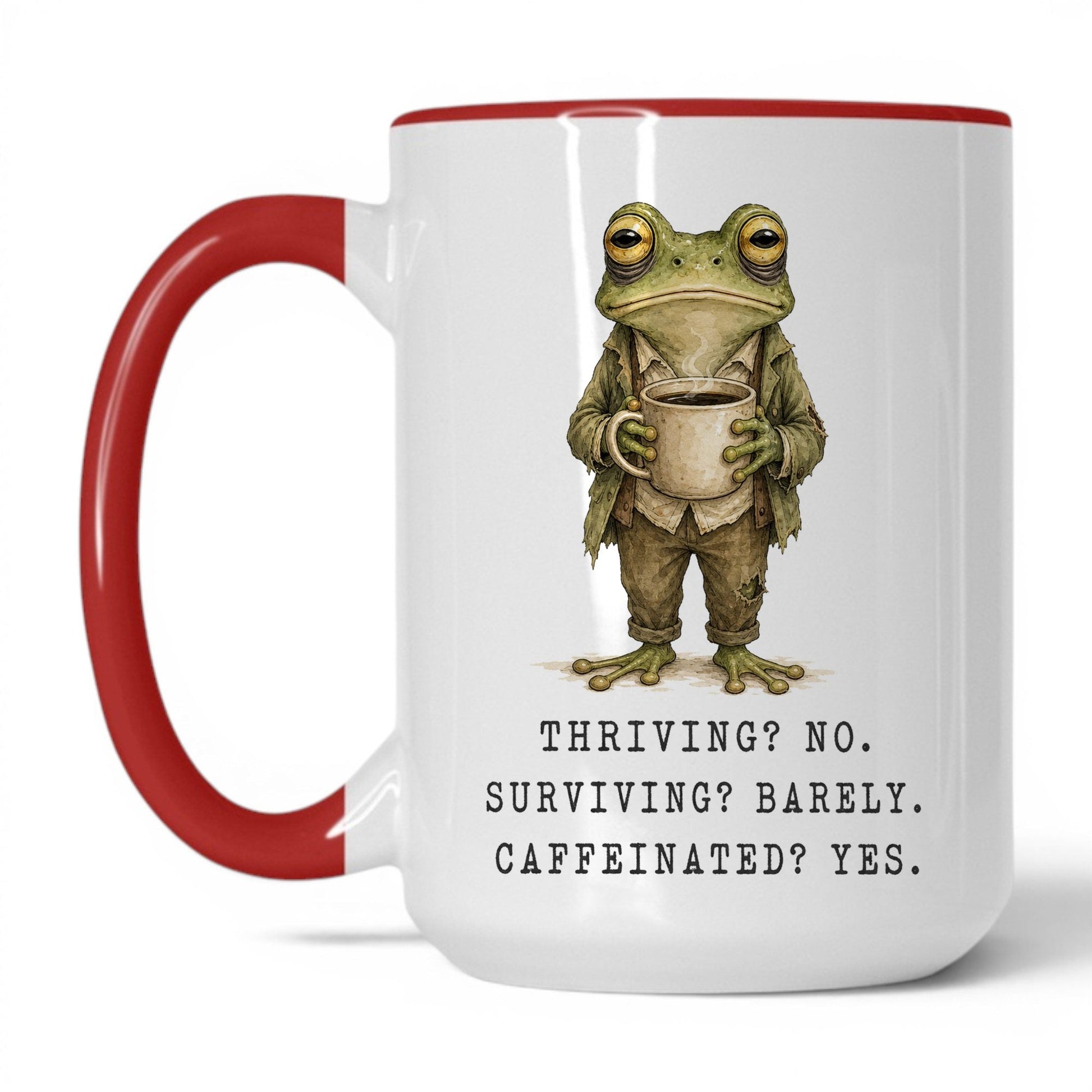 Surviving and Caffeinated Frog Mug – 15oz White Red Mug