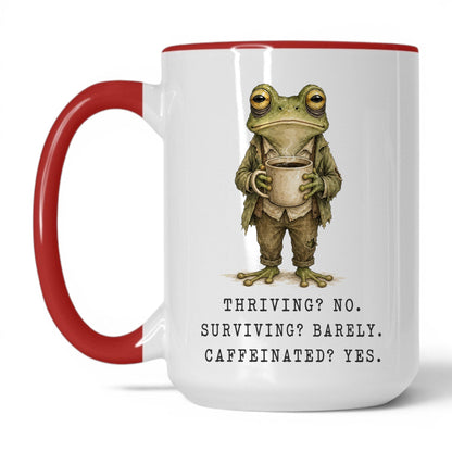 Surviving and Caffeinated Frog Mug – 15oz White Red Mug