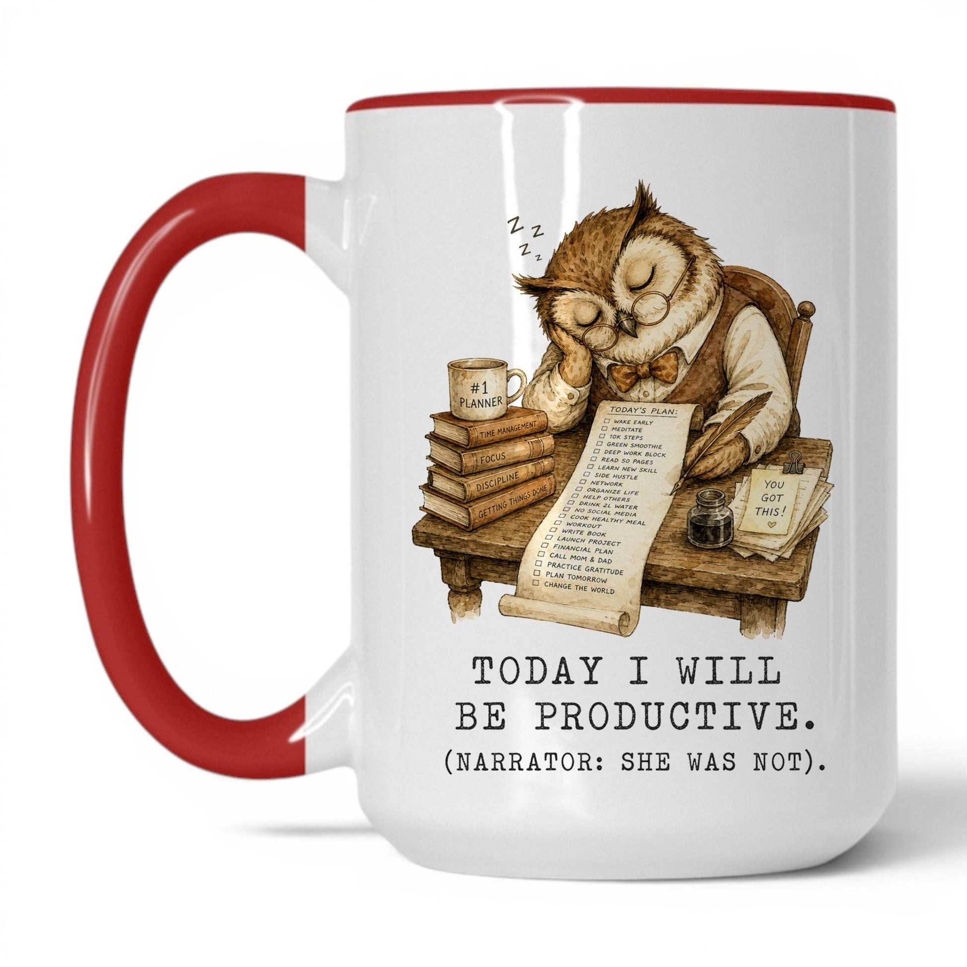 Today I Will Be Productive Owl Mug – 15oz White Red Mug