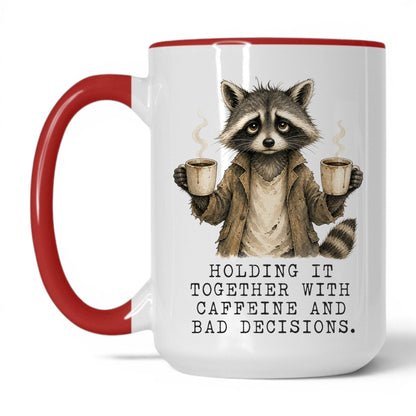 Caffeine and Bad Decisions Raccoon Mug – 15oz White Red Mug