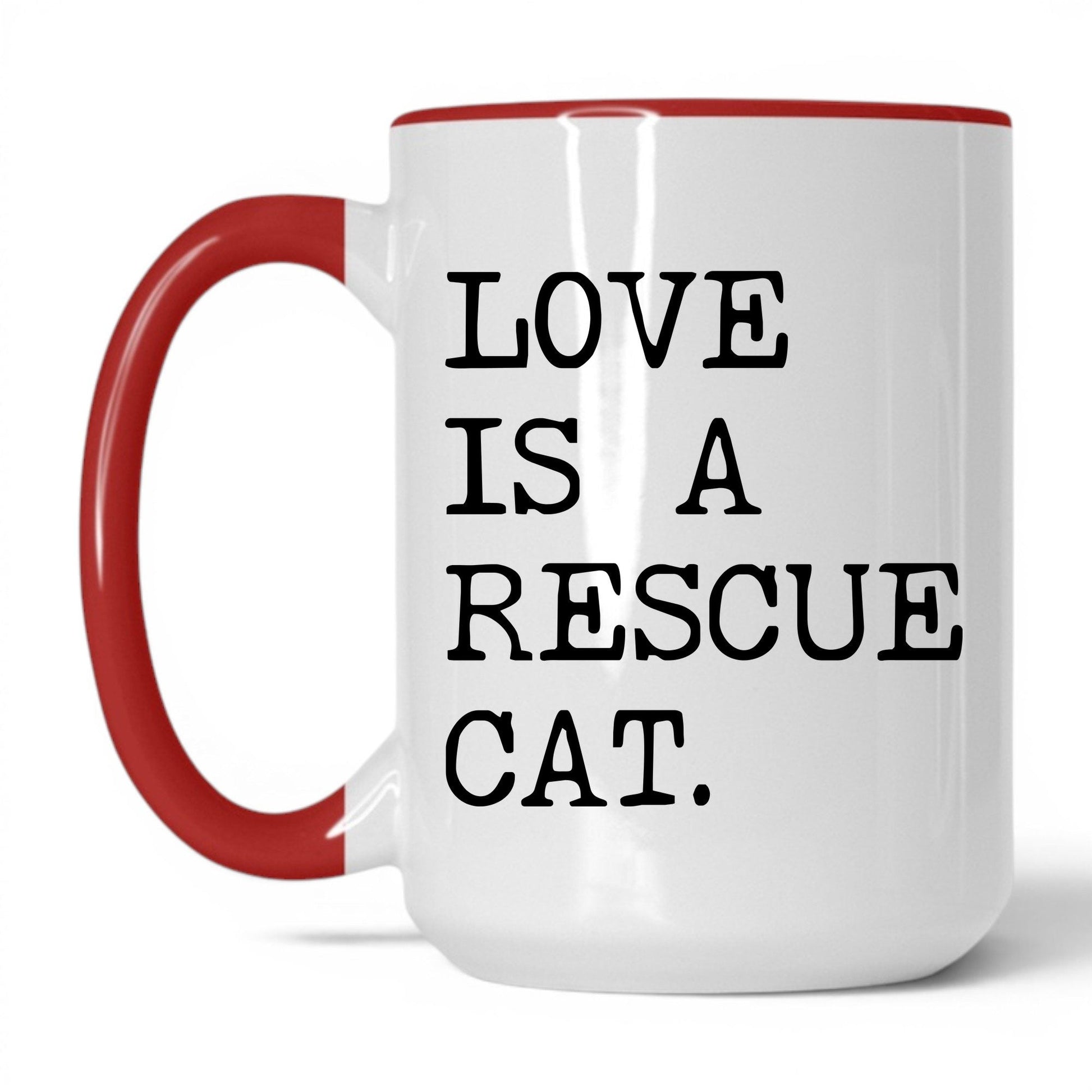 Love Is a Rescue Cat 15oz white and red coffee mug