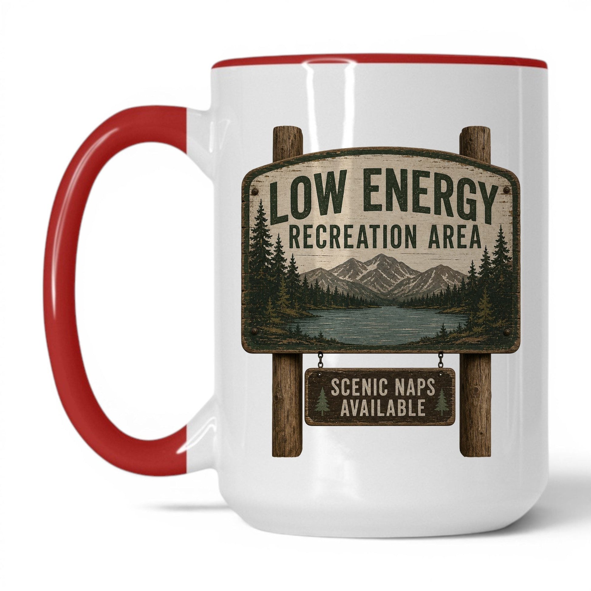 Low Energy Recreation Area Mug – 15oz White/Red Mug