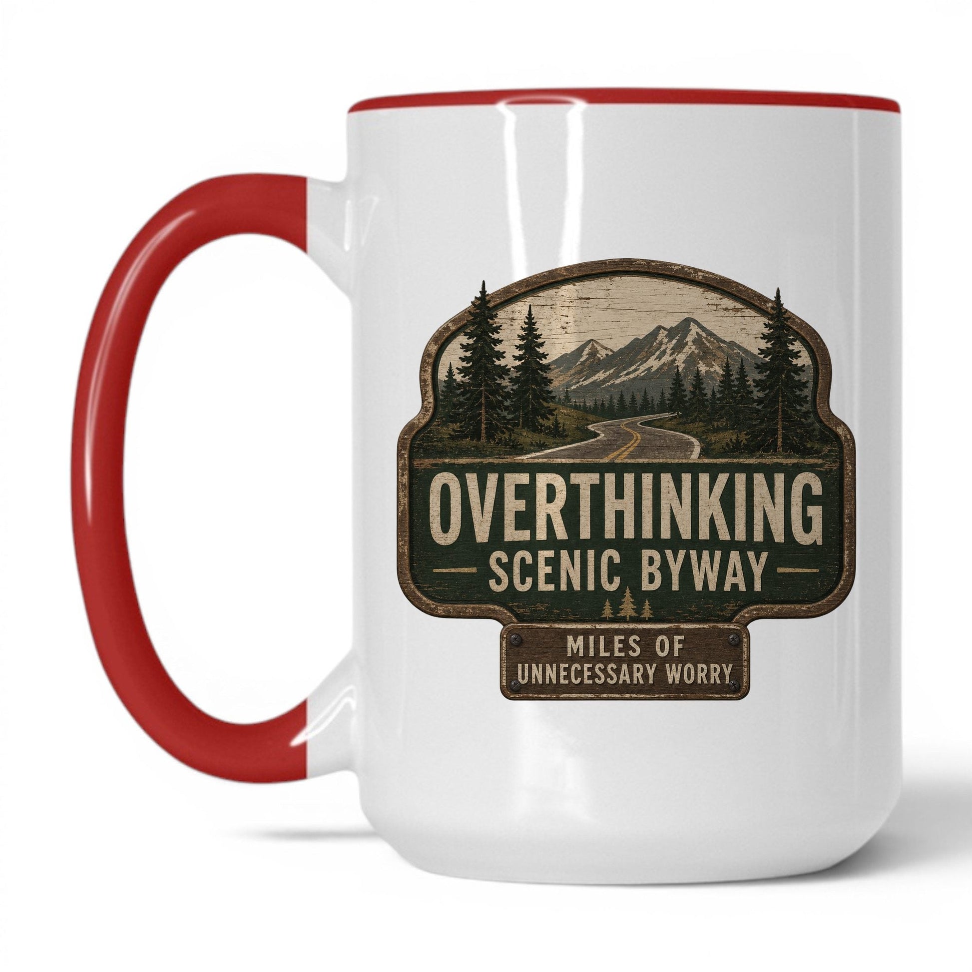 Overthinking Scenic Byway Mug – 15oz White/Red Mug