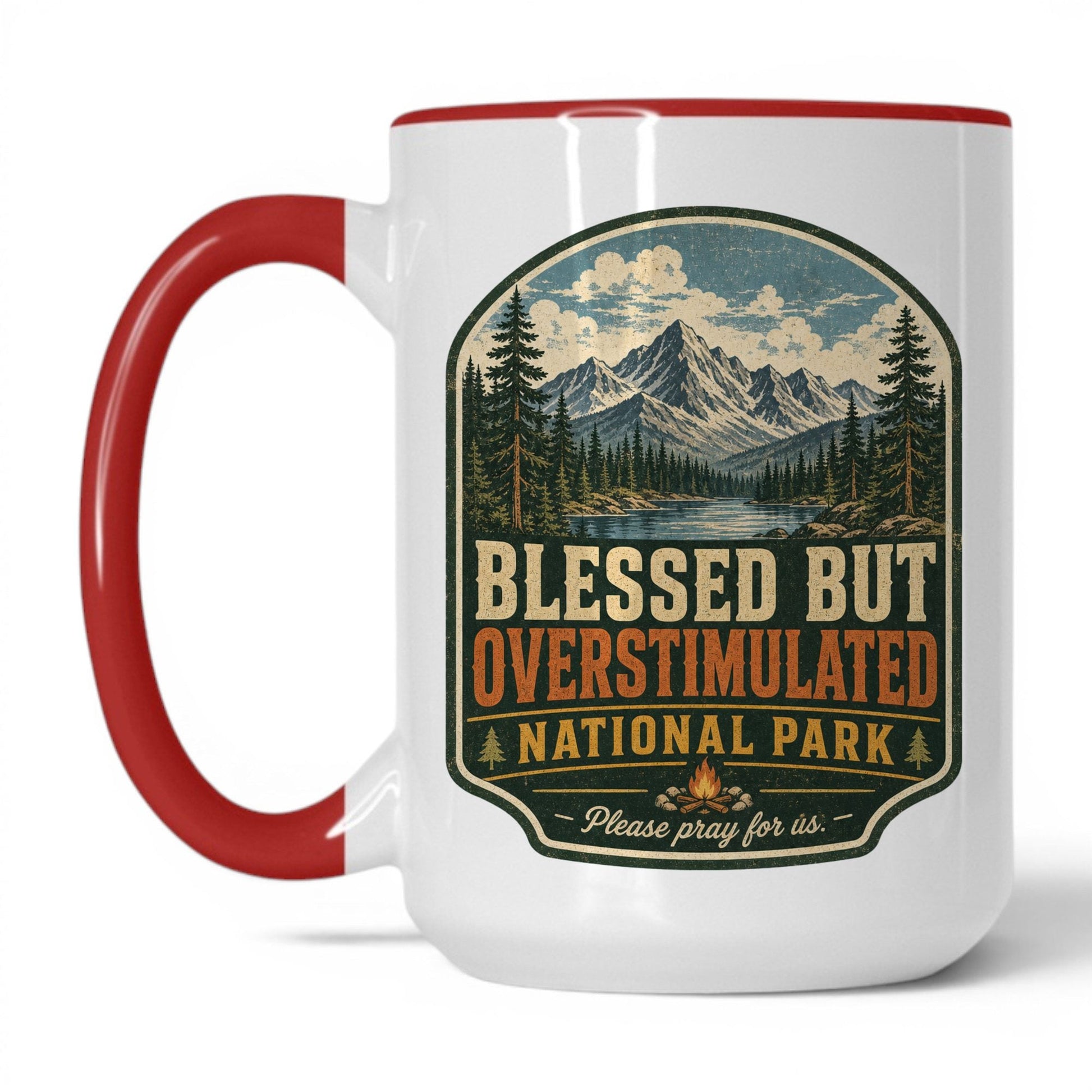 Blessed But Overstimulated Mug – 15oz White/Red Mug