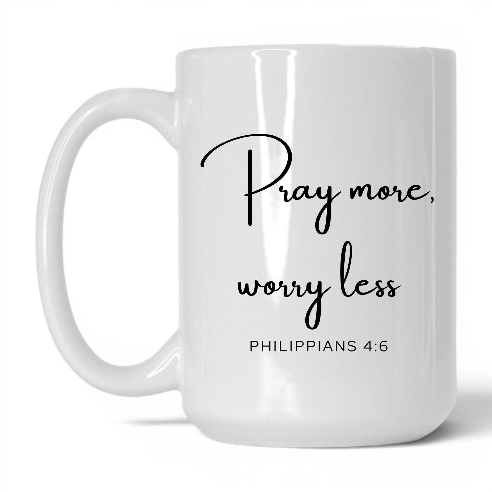 Pray More Worry Less Mug – 15oz White/Pink Mug