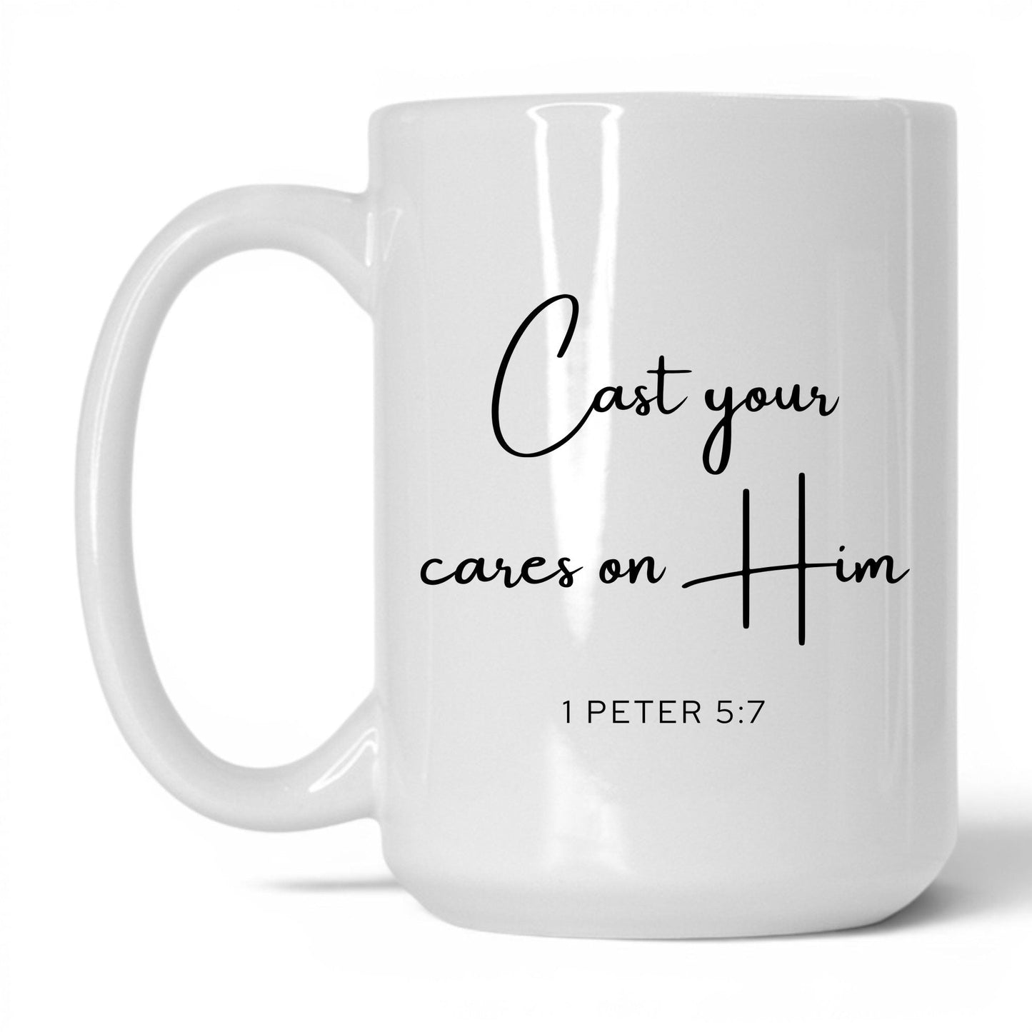 Cast Your Cares on Him Mug – 15oz White/Pink Mug