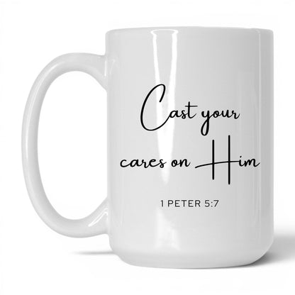 Cast Your Cares on Him Mug – 15oz White/Pink Mug