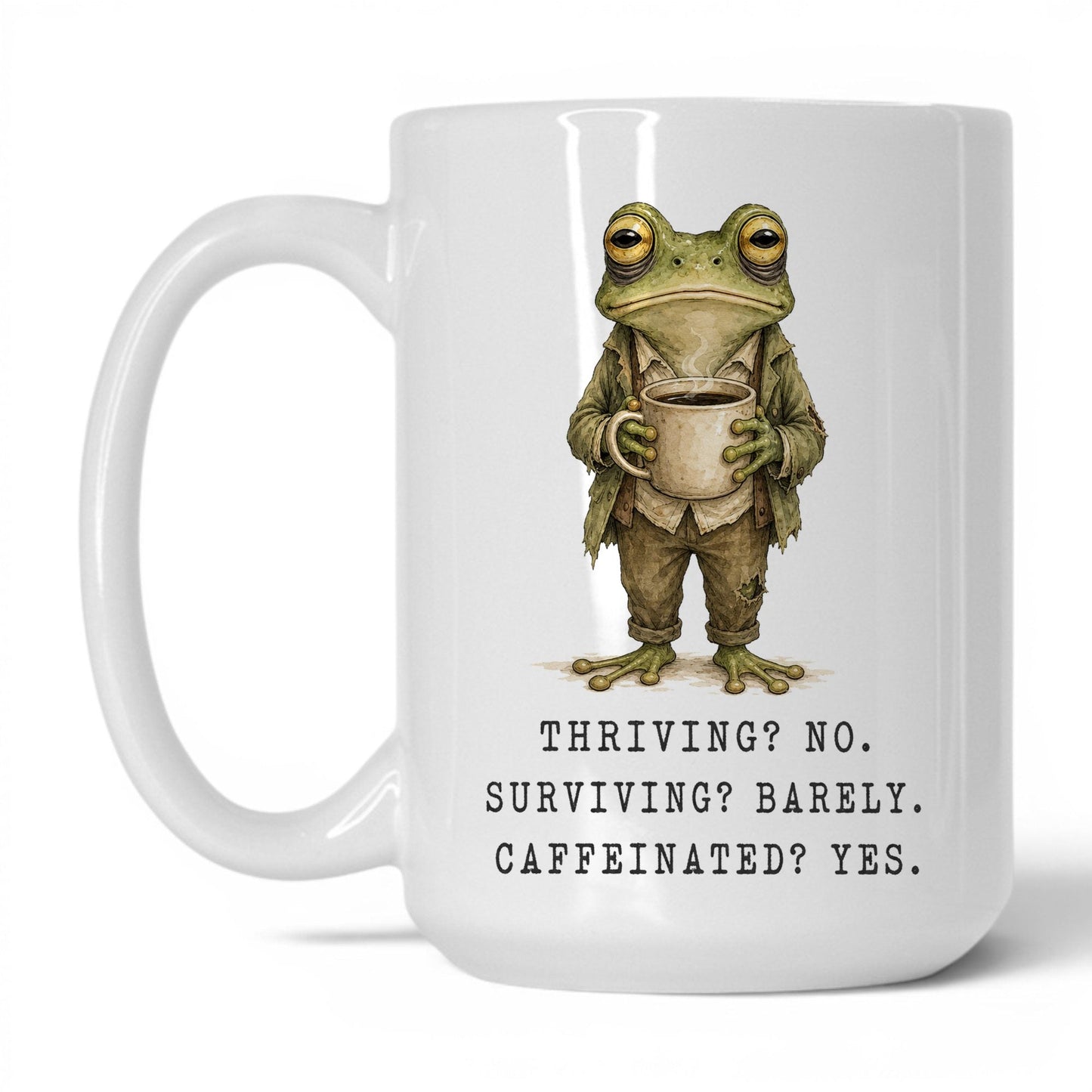 Surviving and Caffeinated Frog Mug – 15oz White Mug