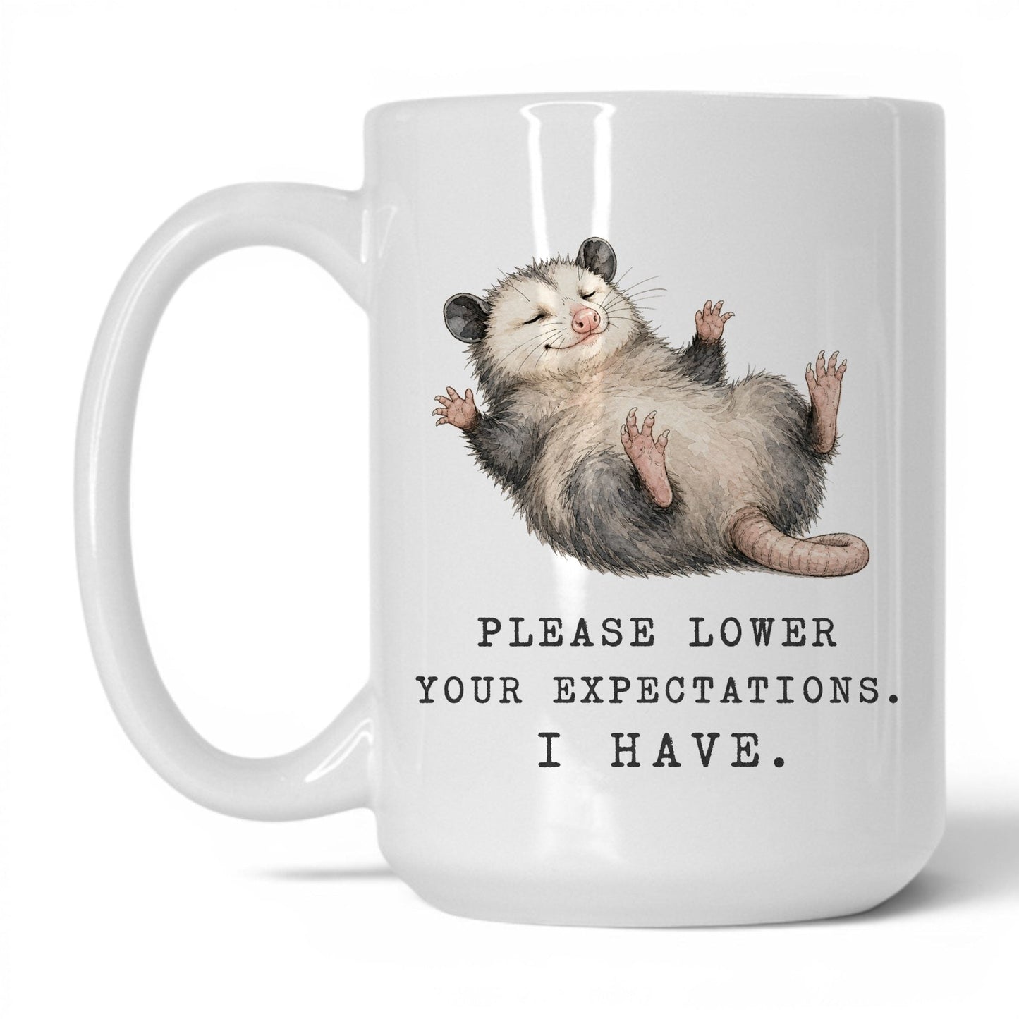 Lower Your Expectations Opossum Mug – 15oz White Mug
