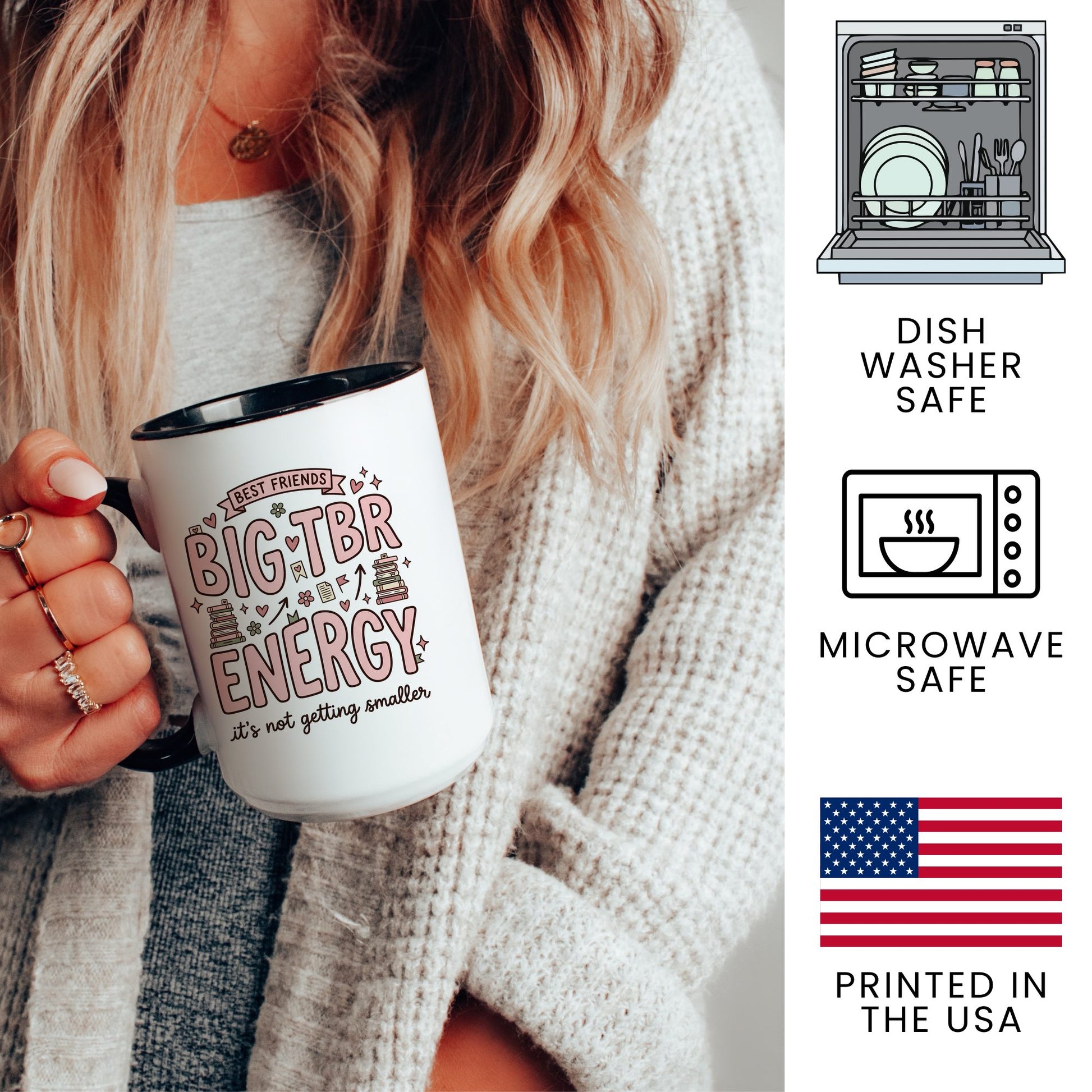Best Friends & Big TBR Energy doodle coffee mug — lifestyle