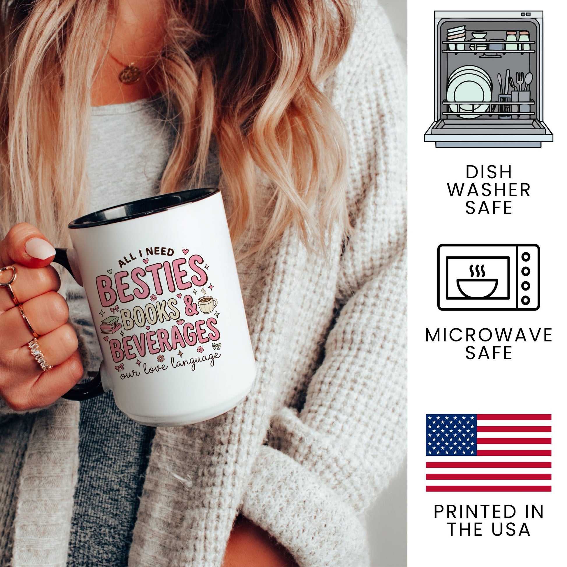 Besties, Books & Beverages doodle coffee mug — lifestyle
