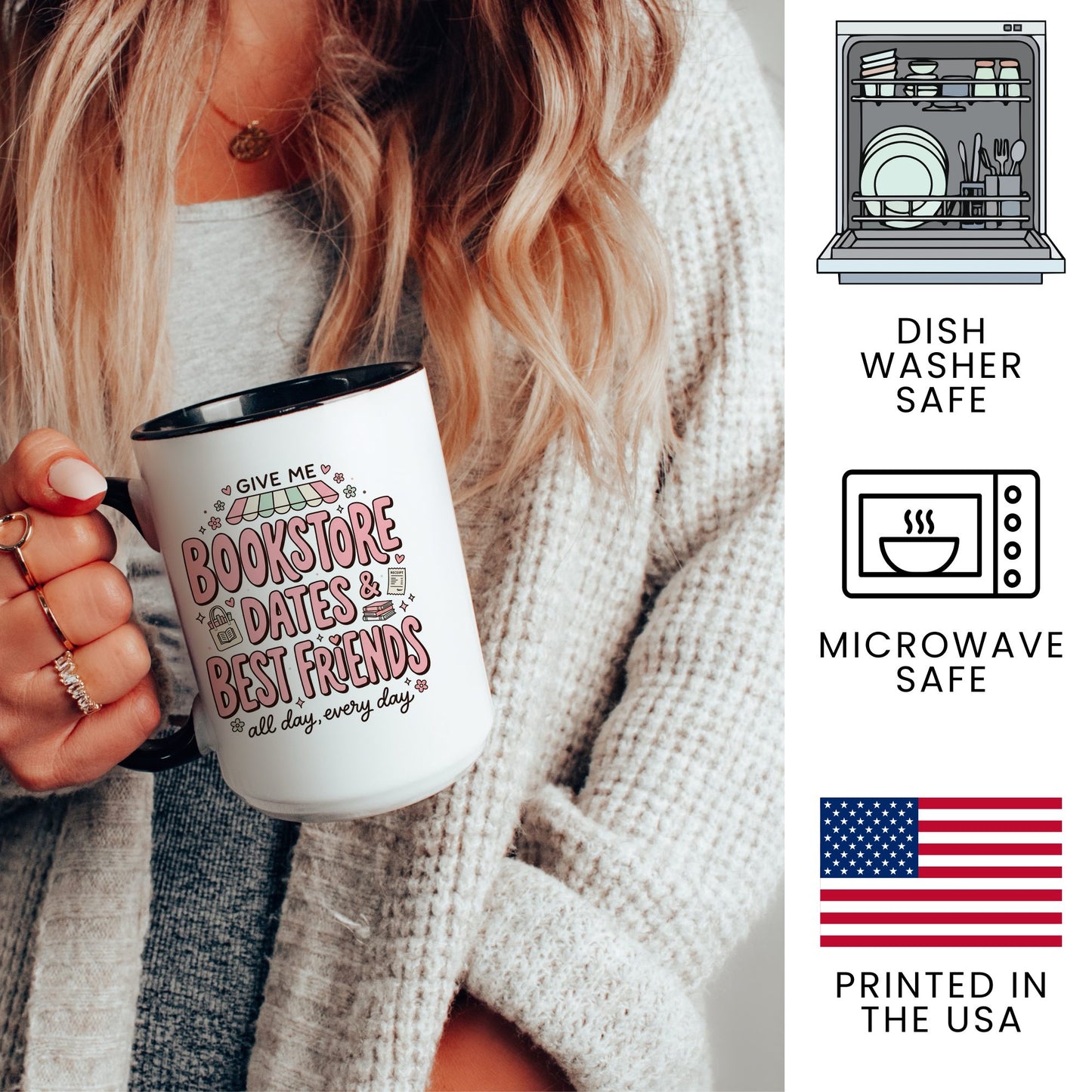 Bookstore Dates & Best Friends doodle coffee mug — lifestyle