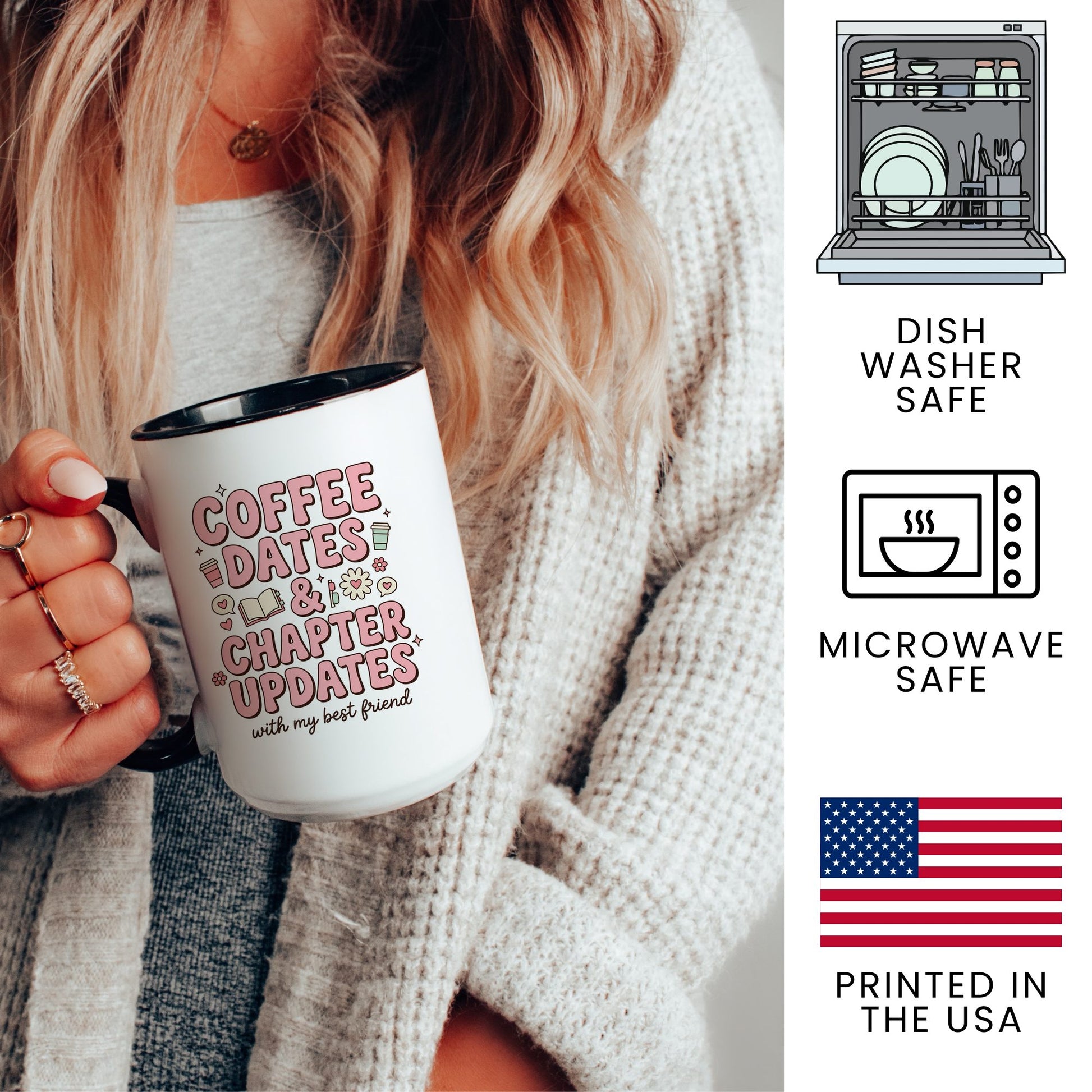 Coffee Dates & Chapter Updates doodle coffee mug — lifestyle