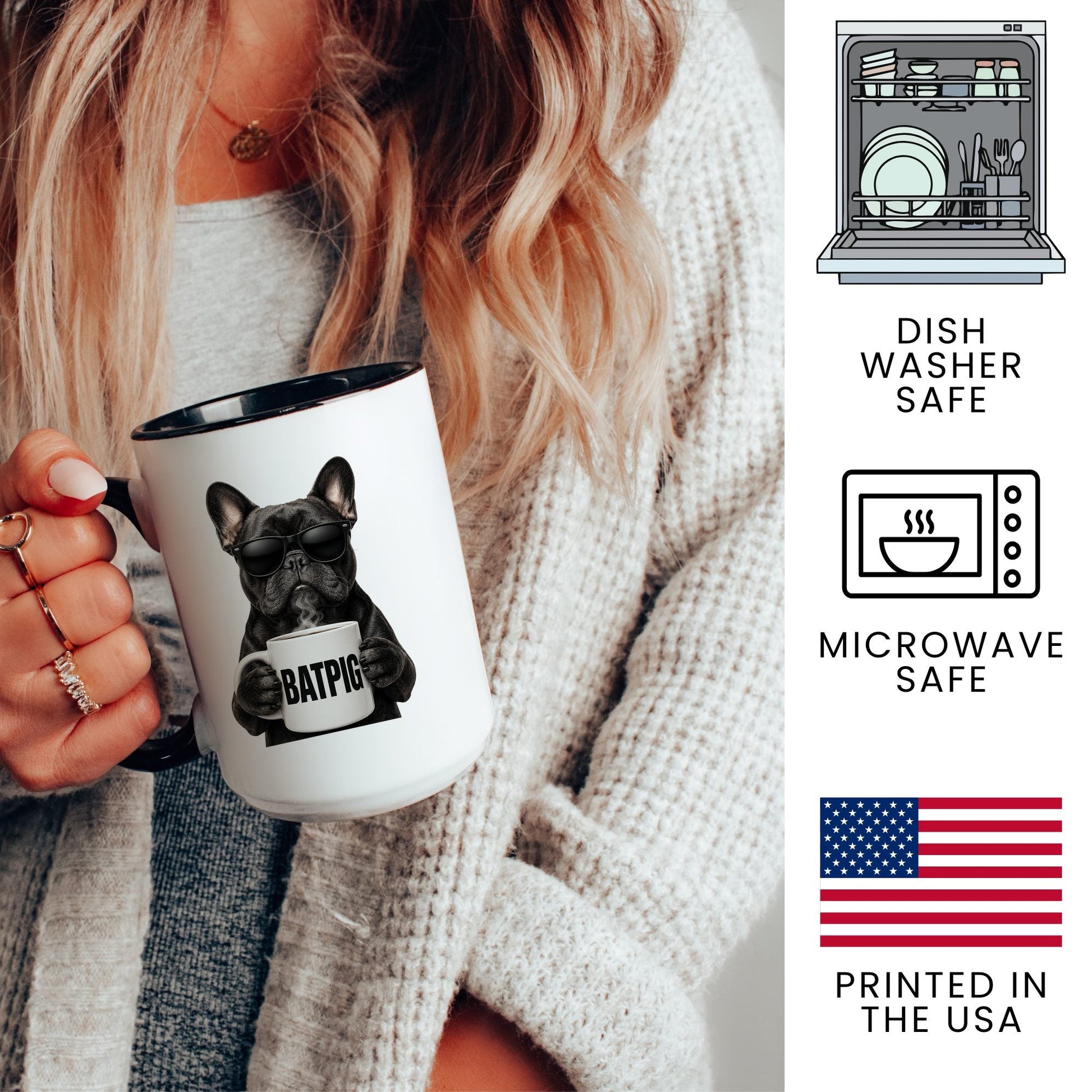 French Bulldog Batpig coffee mug — 3 key points