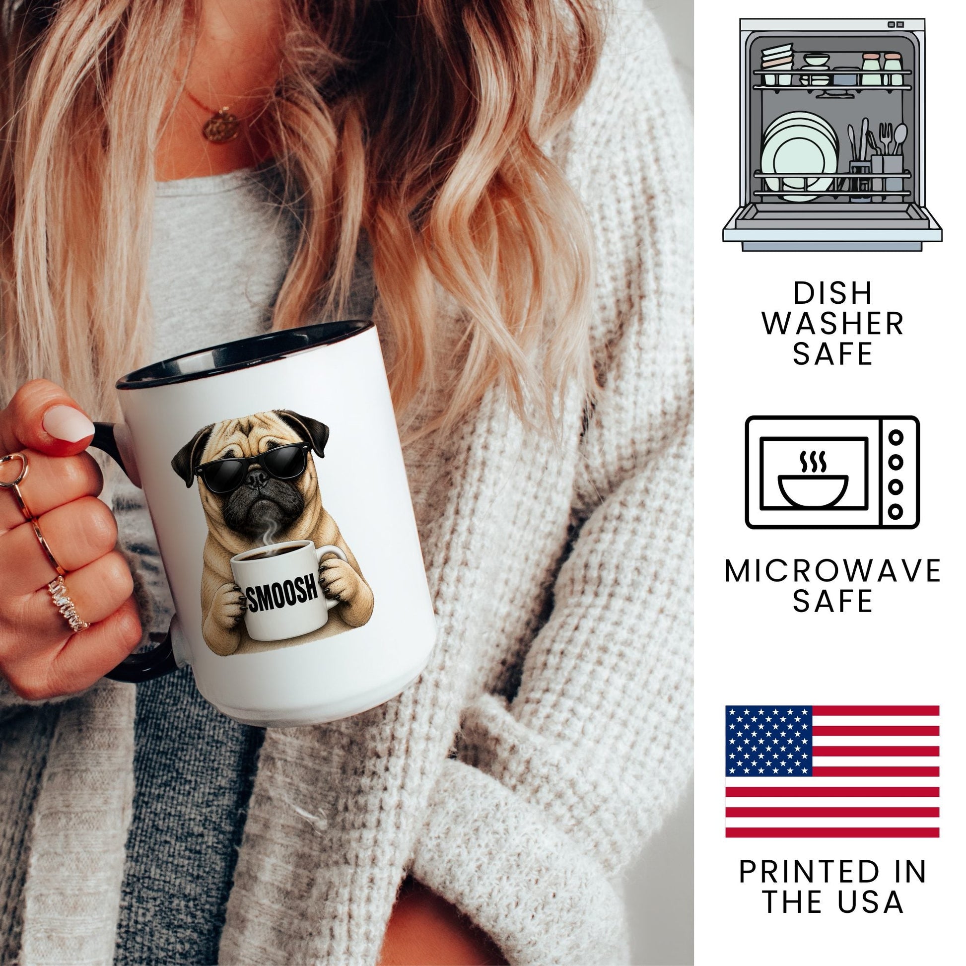 Pug Smoosh coffee mug — 3 key points
