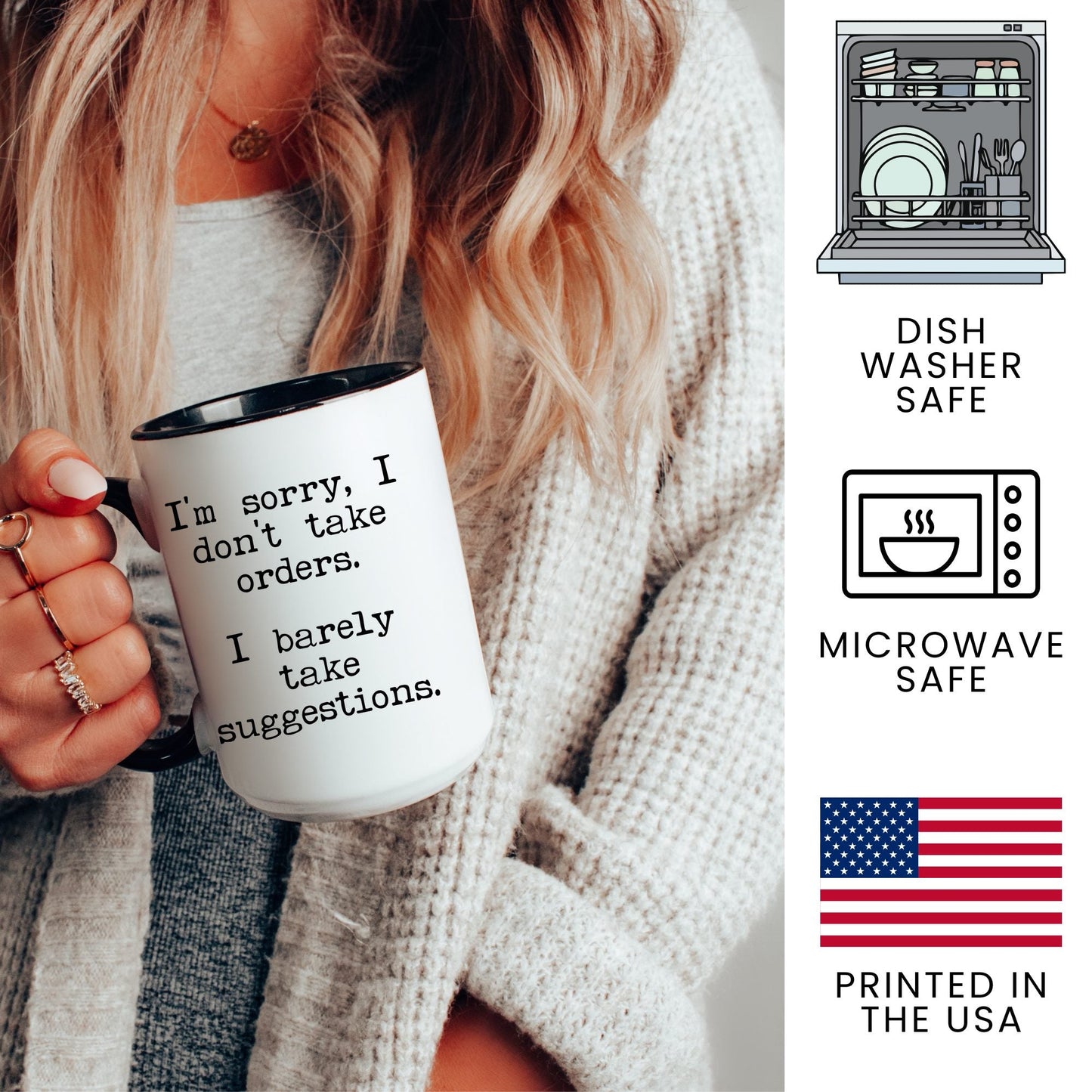 I Barely Take Suggestions coffee mug dishwasher safe microwave safe printed in the USA