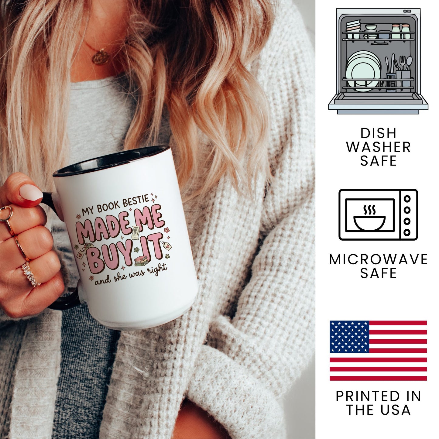 My Book Bestie Made Me Buy It doodle coffee mug — lifestyle