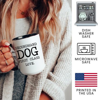 Secondhand Dog First Class Love coffee mug - dishwasher safe, microwave safe, printed in the USA