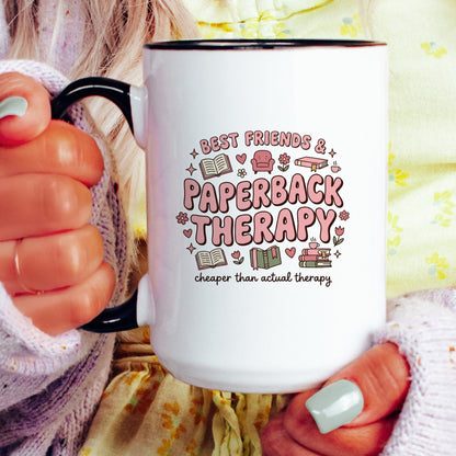 Best Friends & Paperback Therapy doodle coffee mug — lifestyle