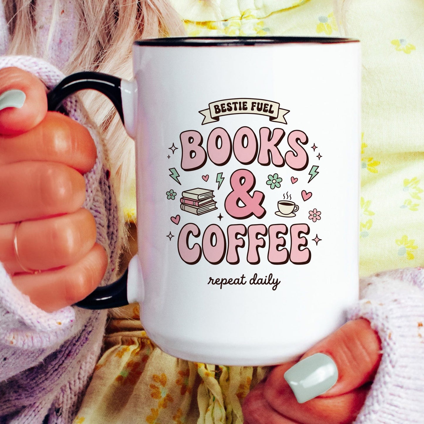 Bestie Fuel Books & Coffee doodle coffee mug — lifestyle