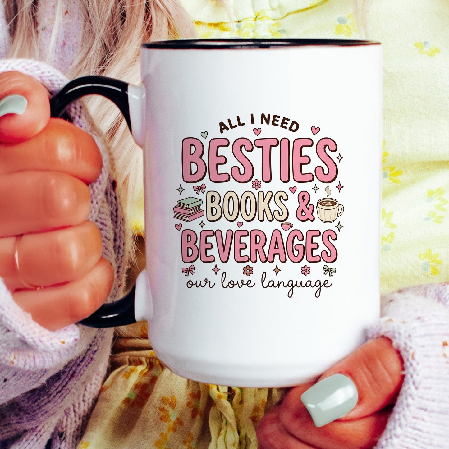 Besties, Books & Beverages doodle coffee mug — lifestyle