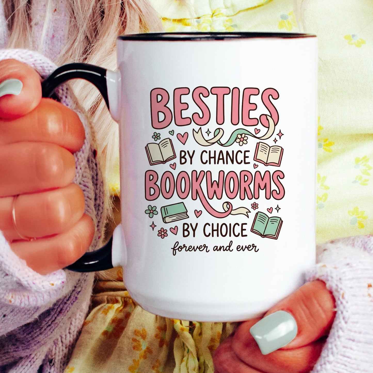 Besties by Chance, Bookworms by Choice doodle coffee mug — lifestyle