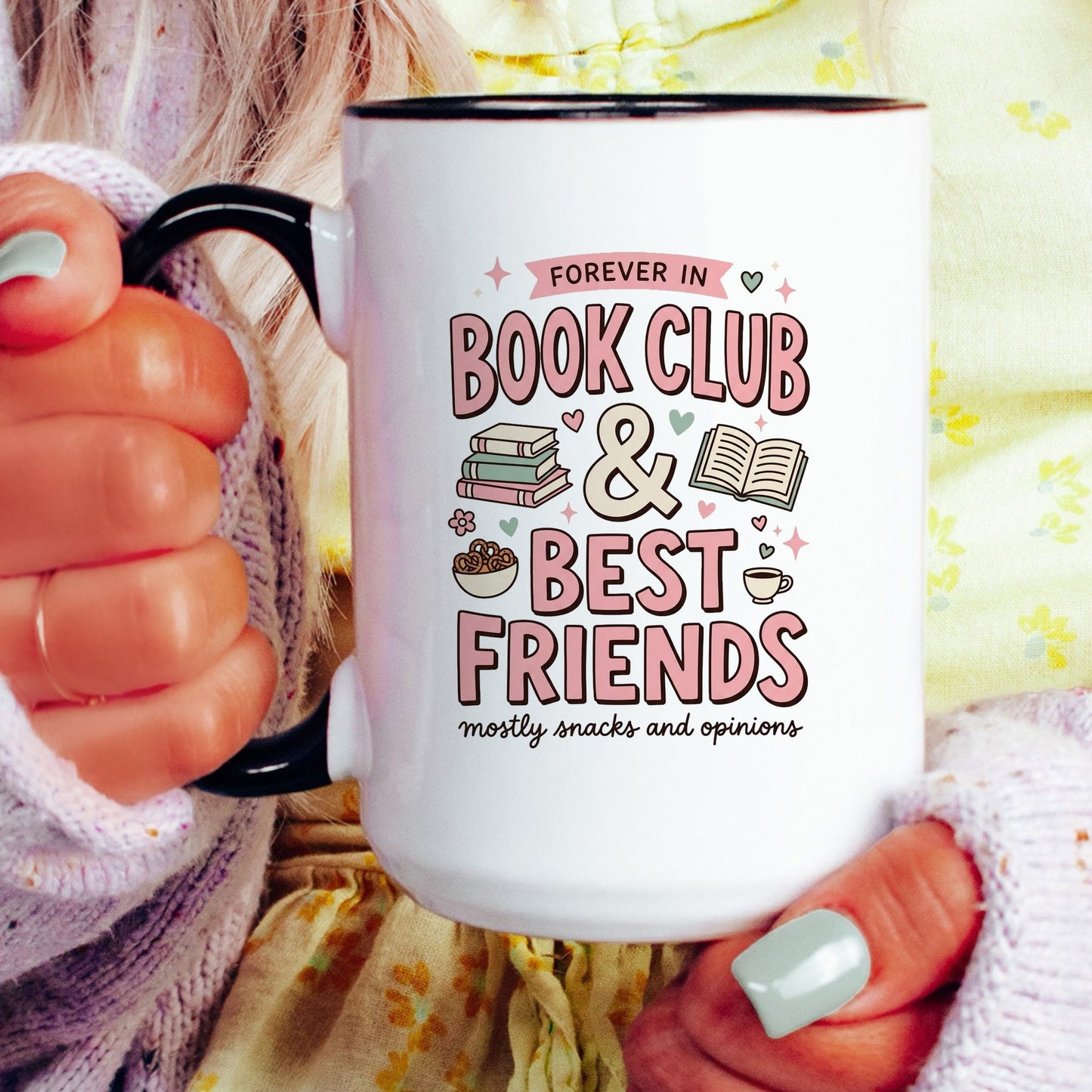 Book Besties Club doodle coffee mug — lifestyle