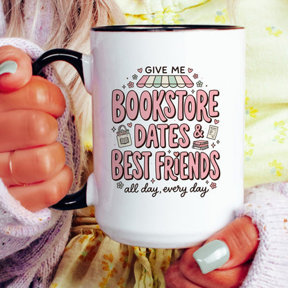 Bookstore Dates & Best Friends doodle coffee mug — lifestyle