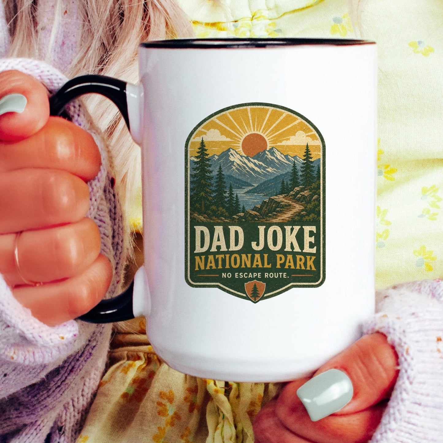 Dad Joke National Park coffee mug held in hand