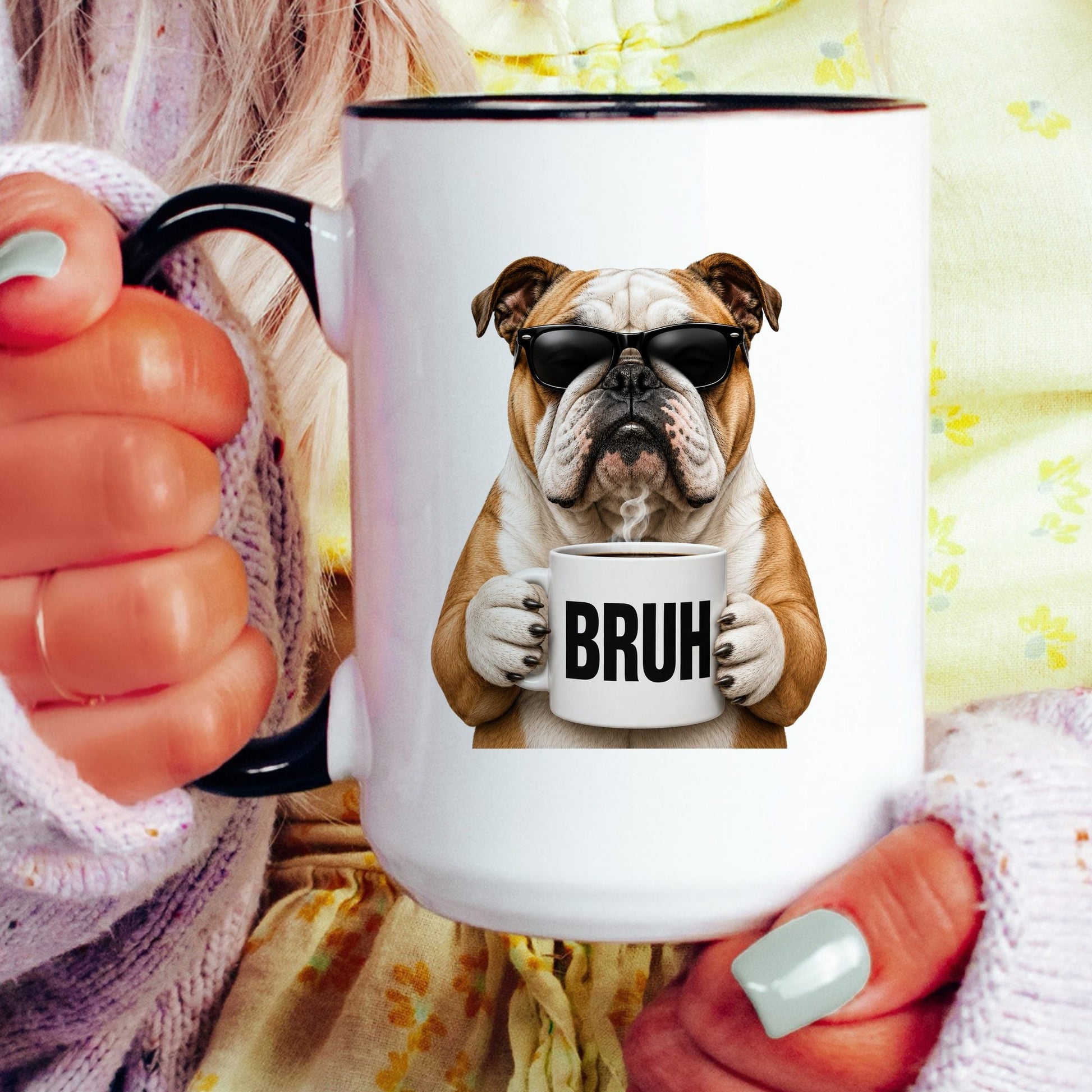 English Bulldog Bruh coffee mug — model