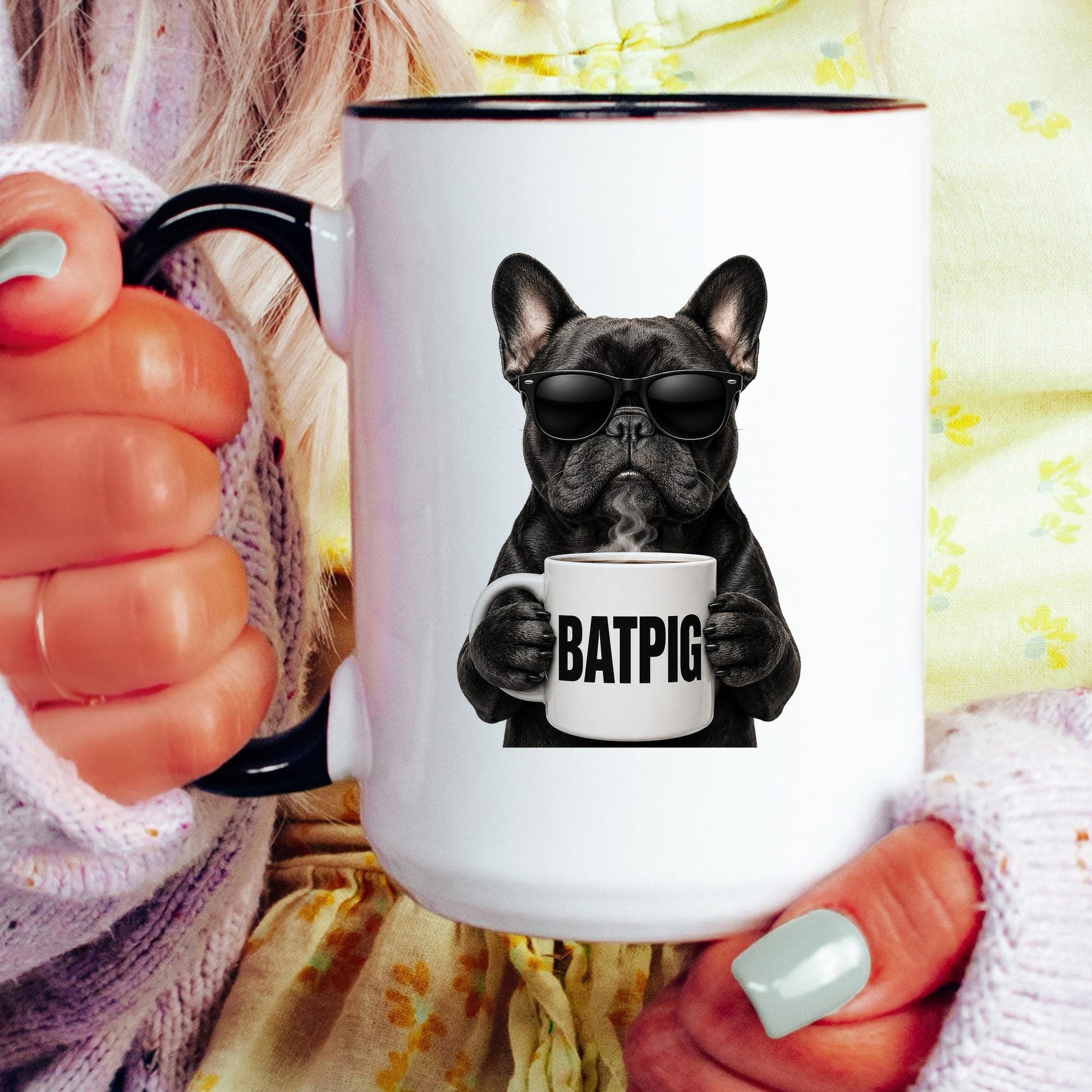 French Bulldog Batpig coffee mug — model